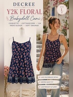 Decree Y2K Floral Babydoll Cami Lace Trim Coquette Cottagecore Tank L